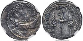 Marc Antony, as Imperator and Triumvir (43-30 BC). AR denarius (18mm, 3.48 gm, 6h). NGC XF 4/5 - 2/5, edge cuts. Legionary issue, mint moving with Ant...