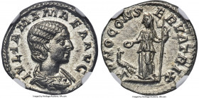 Julia Mamaea (AD 222-235). AR denarius (18mm, 3.57 gm, 6h). NGC Gem MS 5/5 - 5/5. Rome. IVLIA MAMAEA AVG, draped bust of Julia Mamaea right, seen from...