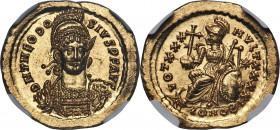 Theodosius II, Eastern Roman Empire (AD 402-450). AV solidus (21mm, 4.50 gm, 6h). NGC Gem MS 5/5 - 5/5. Constantinople, 10th officina, ca. AD 430-440....