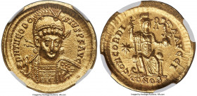 Theodosius II, Eastern Roman Empire (AD 402-450). AV solidus (21mm, 4.48 gm, 5h). NGC MS 5/5 - 4/5. Constantinople, 10th officina, ca. AD 408-420. D N...