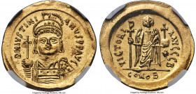 Justinian I the Great (AD 527-565). AV solidus (21mm, 4.45 gm, 6h). NGC Choice MS S 5/5 - 4/5. Constantinople, 2nd officina, ca. AD 545-565. D N IVSTI...