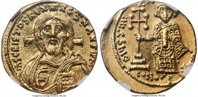 Justinian II, First Reign (AD 685-695). AV solidus (20mm, 4.42 gm, 7h). NGC Choice MS 4/5 - 5/5. Constantinople, 3rd(?) officina, AD 692-695. IhS CRIS...