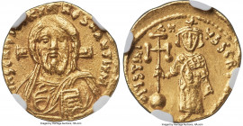 Justinian II, First Reign (AD 685-695). AV semissis (17mm, 2.11 gm, 7h). NGC XF 4/5 - 4/5, clipped. Constantinople, AD 692-695. IhS CRISΤDS RЄX-RЄϚNAN...