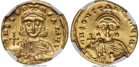 Leo III the Isaurian (AD 717-741), with Constantine V. AV solidus (20mm, 4.45 gm, 5h). NGC Choice AU 5/5 - 4/5. Constantinople, AD 737-741. d n O LЄO-...
