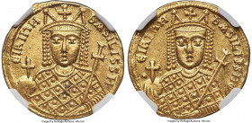 Irene, Sole Reign (AD 797-802). AV solidus (20mm, 4.44 gm, 6h). NGC Choice AU 5/5 - 4/5. Constantinople. ЄIRIhH-bASILISSH, bust of Irene facing, weari...
