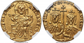 Basil I the Macedonian (AD 868-886), with Constantine. AV solidus (20mm, 4.37 gm, 6h). NGC Choice AU 5/5 - 3/5. Constantinople, AD 870-871. + IhS XPS ...