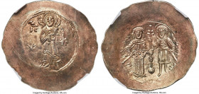 Manuel I Comnenus (AD 1143-1180). EL aspron trachy (32mm, 4.38 gm, 6h). NGC MS S 5/5 - 5/5. Constantinople, AD 1160-1164. IC-XC (barred), Christ stand...