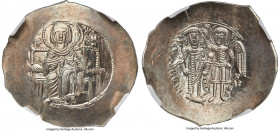 Isaac II Angelus (AD 1185-1195). EL aspron trachy (30mm, 3.91 gm, 5h). NGC Gem MS 5/5 - 5/5. Constantinople. Virgin, nimbate, enthroned facing, holdin...