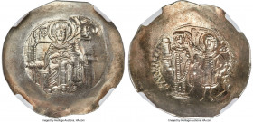 Isaac II Angelus (AD 1185-1195). EL aspron trachy (29mm, 4.03 gm, 6h). NGC Choice MS 5/5 - 5/5. Constantinople. Virgin, nimbate, enthroned facing, hol...