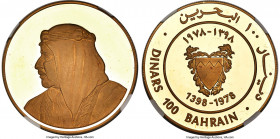 Isa Bin Salman gold Proof "50th Anniversary of Bahrain Monetary Agency" 100 Dinars AH 1398 (1978) PR64 Ultra Cameo NGC, KM12. Showing near-gem surface...