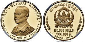 Republic gold Proof "Lon Nol" 100000 Riels 1974 PR69 Ultra Cameo NGC, KM66. Boasting a mintage of just 100 pieces in Proof. Struck in celebration of t...