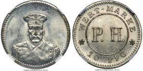 Kiau Chau. German Occupation nickel-plated brass 10 Pfennig Token ND (c. early 20th Century) MS62 NGC, Menzel-2951.4. Occupation token type, produced ...