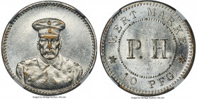 Kiau Chau. German Occupation nickel-plated brass 10 Pfennig Token ND (c. early 20th Century) MS61 NGC, Menzel-2951.4. Occupation token type, produced ...