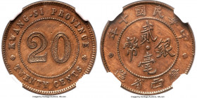 Kwangsi. Republic copper Pattern 20 Cents Year 10 (1921) MS61 Brown NGC, KM-Pn7, L&M-167A. A popular pattern, offering bold and crisp peripheries, dre...