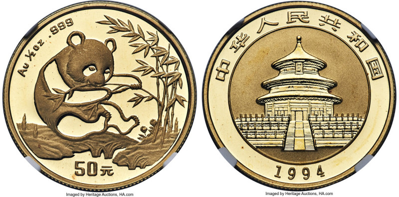 People's Republic gold "Large Date" Panda 50 Yuan (1/2 oz) 1994 MS68 NGC, KM614,...