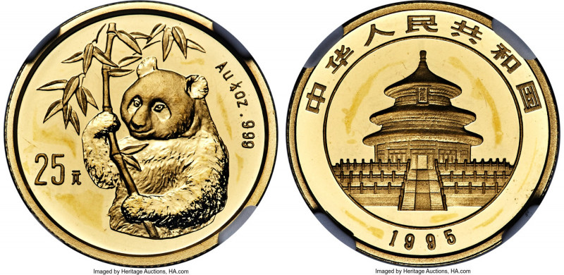 People's Republic gold "Small Date" Panda 25 Yuan (1/4 oz) 1995 MS68 NGC, Shenya...