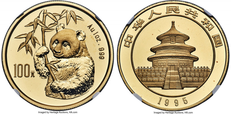 People's Republic gold "Small Date" Panda 100 Yuan (1 oz) 1995 MS68 NGC, KM719, ...