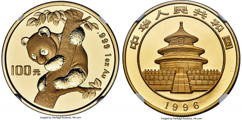 People's Republic gold "Large Date" Panda 100 Yuan (1 oz) 1996 MS70 NGC, KM887, ...