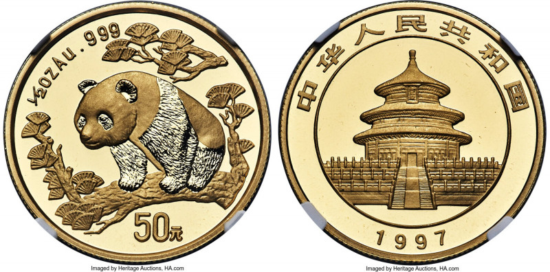 People's Republic gold "Large Date" Panda 50 Yuan (1/2 oz) 1997 MS69 NGC, KM990,...