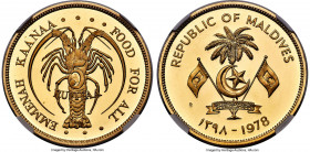Republic gold Proof "F.A.O. - Spiny Lobster" 5 Rufiyaa AH 1398 (1978) PR66 Ultra Cameo NGC, KM57b. Mintage: 200. A seldom-seen issue, perhaps due to i...