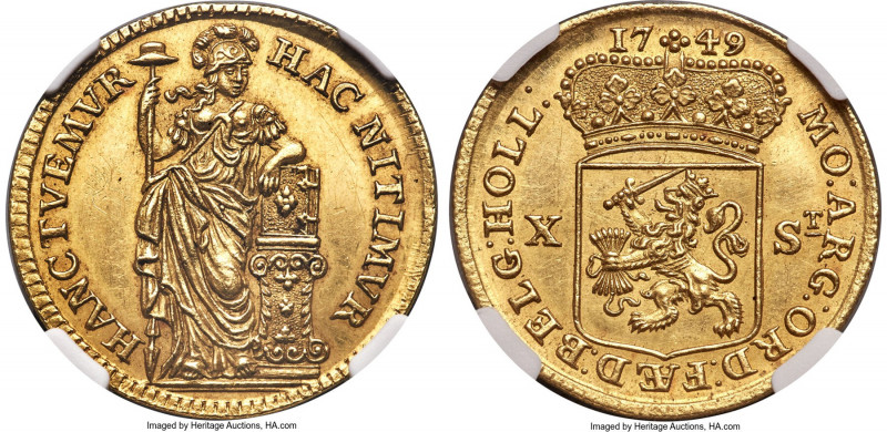 Holland. Provincial gold 10 Stuivers (1/2 Gulden) 1749 MS62 NGC, KM95a, Delm-810...