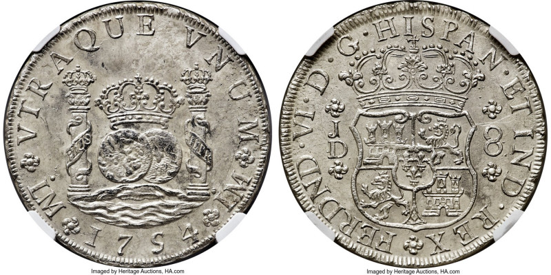 Ferdinand VI 8 Reales 1754 LM-JD MS61 NGC, Lima mint, KM55.1, Cal-457. A boldly ...