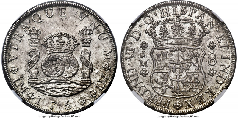 Ferdinand VI 8 Reales 1759 LM-JM MS61 NGC, Lima mint, KM55.2, Cal-467. "FERDND V...