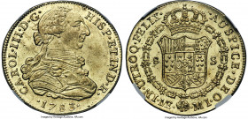 Charles III gold 8 Escudos 1783 LM-MI MS61 NGC, Lima mint, KM82.1, Cal-1645. A flashy survivor of this usually circulated issue, depicting deeply engr...