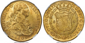 Charles IV gold 8 Escudos 1802 LM-IJ MS62+ NGC, Lima mint, KM101, Cal-1604. Worthy of its plus designation, showcasing glamorous surfaces with boldly ...