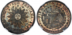 South Peru. Republic 8 Reales 1838 CUZCO-MS MS61 NGC, Cuzco mint, KM170.4. Proving boldly rendered motifs upon semi-reflective fields, dressed in a lo...
