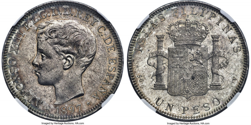 Spanish Colony. Alfonso XIII Peso 1897 SG-V MS63 NGC, Manila mint, KM154, Cal-12...