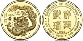 Republic gold "Year of the Dragon" 100 Singold 1988-SM MS67 NGC, Singapore mint, KM-XMB41. Golden resplendence abounds this appreciable lunar example....