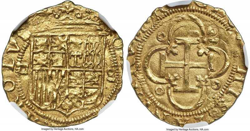 Charles & Johanna (1516-1556) gold Cob Escudo ND (before 1550) MS65 NGC, Seville...