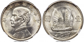 Republic Sun Yat-sen "Junk" Dollar Year 23 (1934) MS64 NGC, KM-Y345, L&M-110, Kann-624. Just shy of a gem designation, showing few wisps on the dazzli...