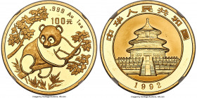 People's Republic gold "Small Date" Panda 100 Yuan (1 oz) 1992 MS63 NGC, KM395, PAN-168B. A choice example of this highly popular series, showcasing s...