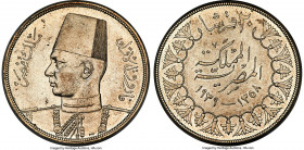 Farouk 20 Piastres AH 1358 (1939) MS62 PCGS, British Royal mint, KM368. Showing lustrous semi-glossy surfaces, occupied by a light golden patina. 

...