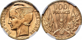 Republic gold 100 Francs 1935 MS64 NGC, Paris mint, KM880. One of the most popular French gold types of the 20th century, handsomely designed by Bazor...
