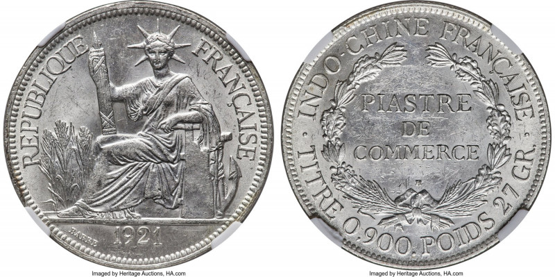 French Colony Piastre 1921 MS62 NGC, San Francisco mint, KM5a.2, Lec-296. A bloo...