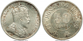 British Colony. Edward VII 50 Cents 1905 AU58 PCGS, KM15, Prid-15. An appreciable 50 Cents emission witnessed borderline uncirculated showcasing sweep...