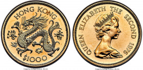 British Colony. Elizabeth II gold "Year of the Dragon" 1000 Dollars 1976 MS64 ANACS, KM40. Mintage: 6,911. Lunar Series. AGW 0.4708 oz. 

HID0980124...