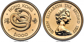 British Colony. Elizabeth II gold "Year of the Snake" 1000 Dollars 1977 MS67 ANACS, KM42. Lunar Series. AGW 0.4708 oz. 

HID09801242017

© 2022 He...