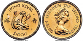 British Colony. Elizabeth II gold "Year of the Monkey" 1000 Dollars 1980 MS68 ANACS, KM47. Lunar Series. AGW 0.4708 oz. 

HID09801242017

© 2022 H...