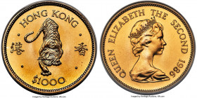British Colony. Elizabeth II gold "Year of the Tiger" 1000 Dollars 1986 MS69 ANACS, KM54. Lunar Series. Highly lustrous with a pleasing honeyed patina...