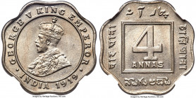 British India. George V 4 Annas 1919-(c) MS64 NGC, Calcutta mint, KM519, S&W-8.182. Highly attractive for the type, boasting an all-encompassing peach...