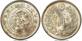 Meiji Counterstamped Yen Year 29 (1896) MS63 PCGS, cf. KM-Y28a.5 (there, with counterstamp to the right), JNDA 01-10C. Gin counterstamp to left. Seldo...