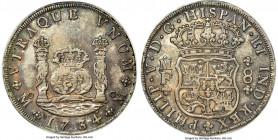 Philip V 8 Reales 1734 Mo-MF XF40 PCGS, Mexico City mint, KM103, Cal-1442. Showing a deep patina over the well-defined motifs. Ex. BKingdom Collection...