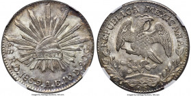Republic 8 Reales 1869 O-AE MS63 NGC, Oaxaca mint, KM377.11, DP-Oa17. Ornate "69" variety. A scarcer date, as the production of this issue was interru...