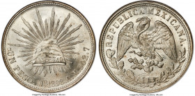 Republic Restrike Peso 1898 Mo-AM MS65 NGC, Mexico City mint, KM409.2. Showcasing luminous velveteen fields, untoned and abundant in cartwheel luster....