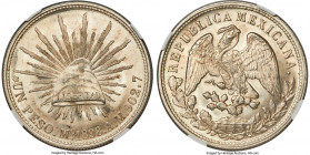 Republic Restrike Peso 1898 Mo-AM MS64+ NGC, Mexico City mint, KM409.2. A borderline gem with cascading luminous peripheries. Ex. R. A. Moore Collecti...
