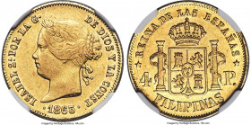 Spanish Colony. Isabel II gold 4 Pesos 1863 AU58 NGC, Manila mint, KM144, Cal-856. Short from a Mint State designation, showing crisp motifs and lustr...